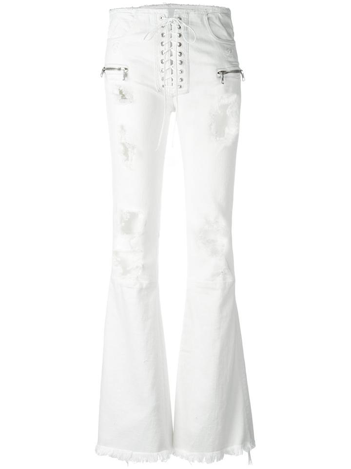 Unravel Project - Ripped Lace-up Flared Jeans - Women - Cotton/elastodiene/polyester/spandex/elastane - 27, White, Cotton/elastodiene/polyester/spandex/elastane