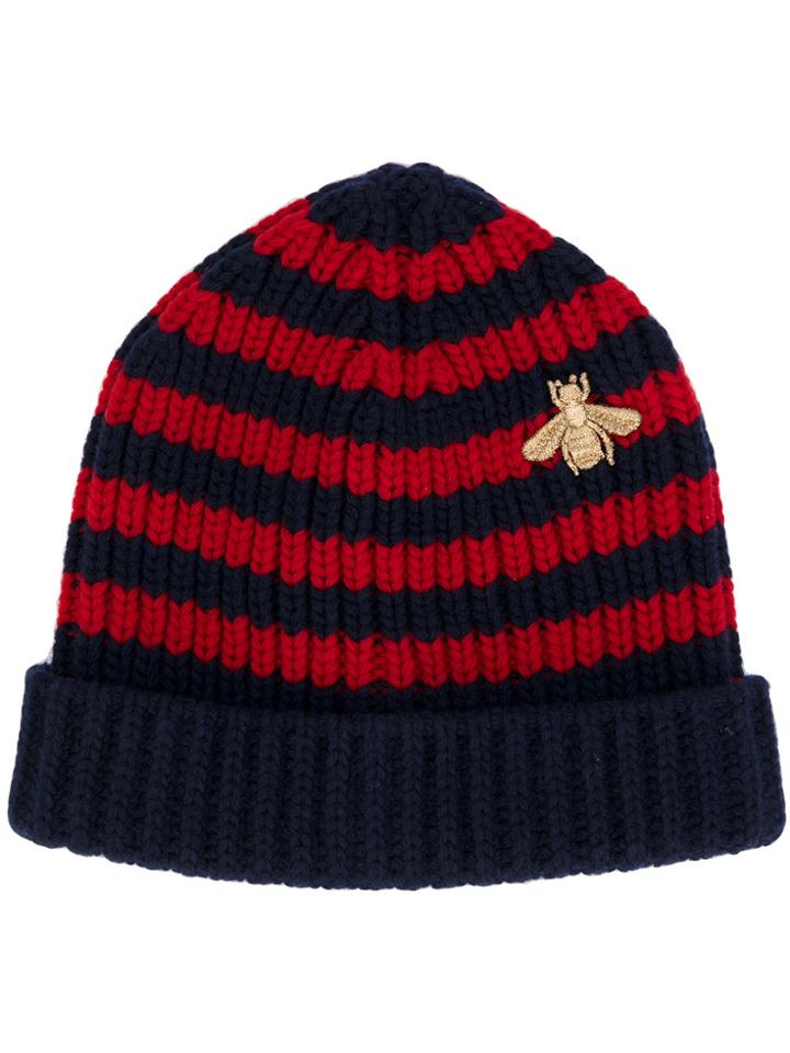 Gucci Bee Striped Beanie Hat - Blue