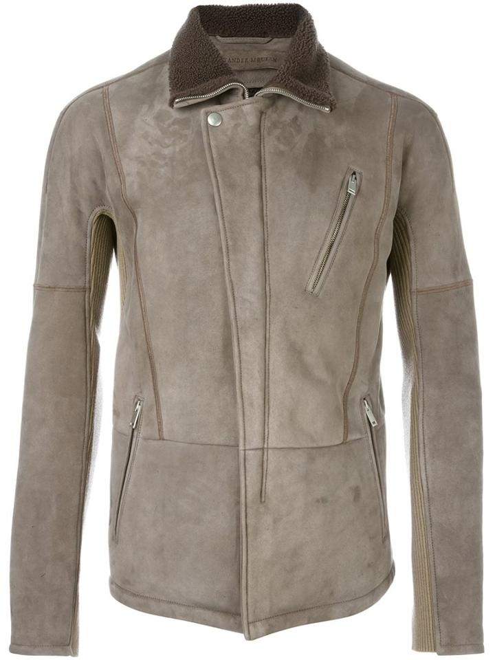 Alexander Mcqueen Cutaway Collar Jacket, Men's, Size: 52, Grey, Sheep Skin/shearling/polyamide/polyester/wool