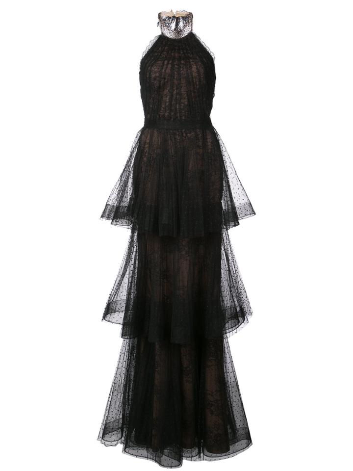 Marchesa Notte Layered Lace Halterneck Gown - Black