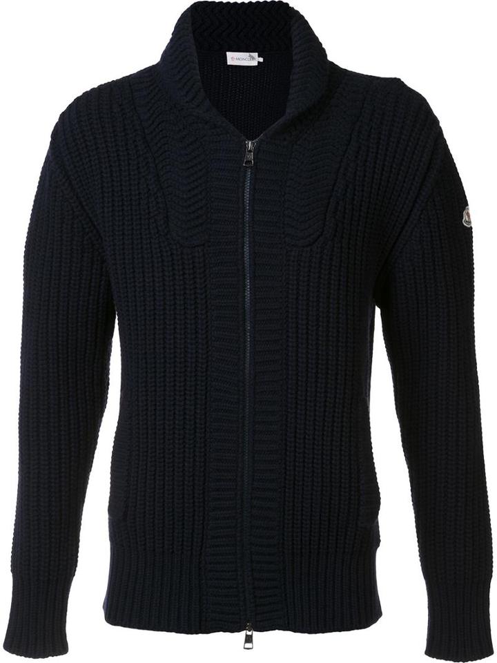 Moncler Ribbed Zip-up Cardigan, Men's, Size: Xl, Blue, Cashmere/wool