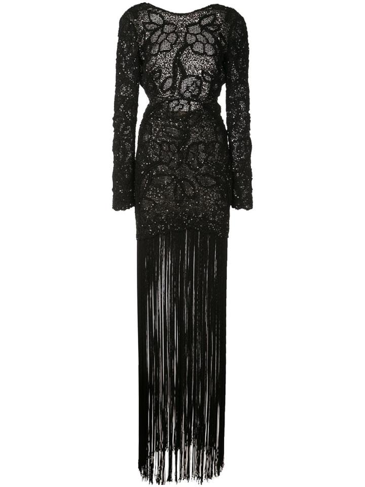Oscar De La Renta Sparkly Mesh Fringed Dress - Black