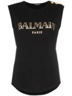 Balmain Black Sleeveless Logo Print Cotton T Shirt