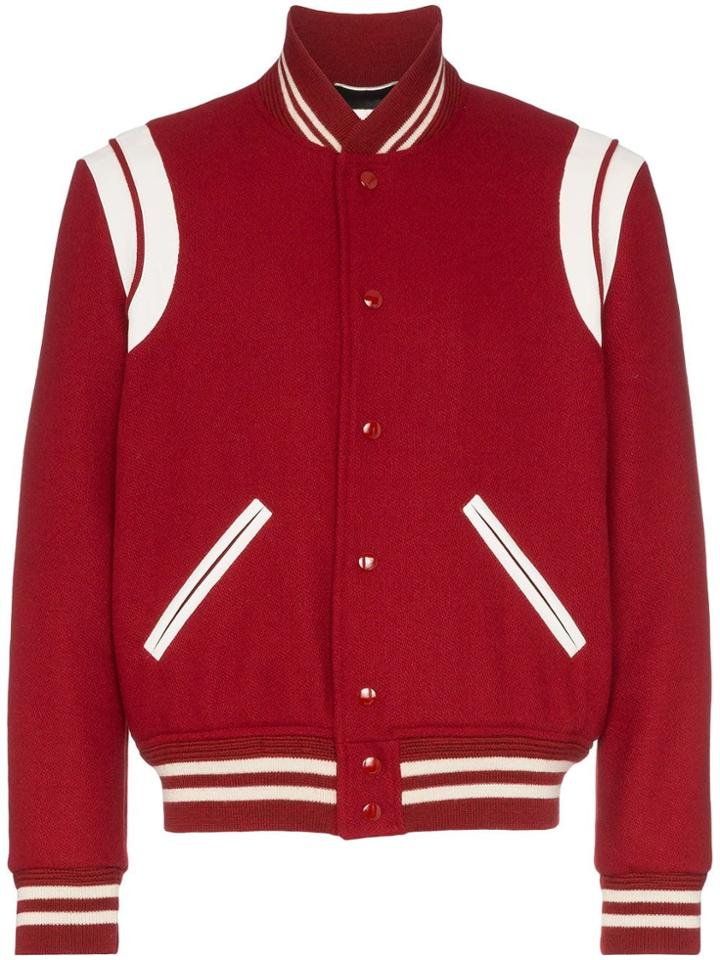 Saint Laurent Contrasting Leather Trim Bomber Jacket - Red