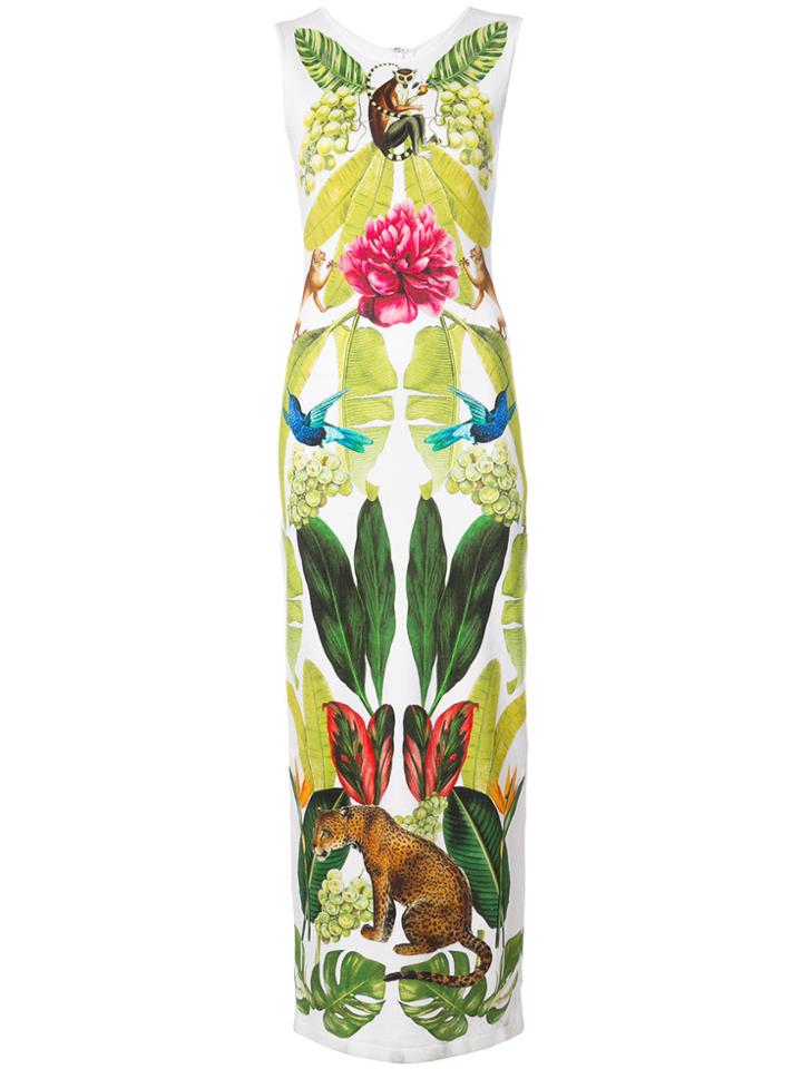 Oscar De La Renta Long Sleeveless Jungle Print Dress - White