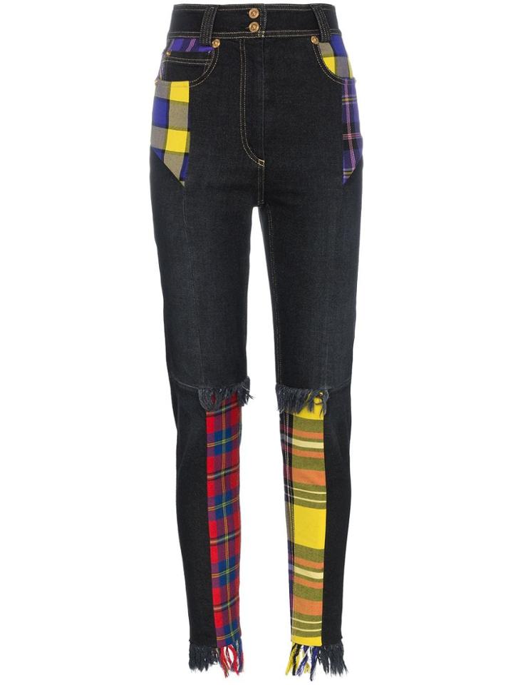 Versace High Waisted Plaid Patch Cotton-blend Jeans - Black
