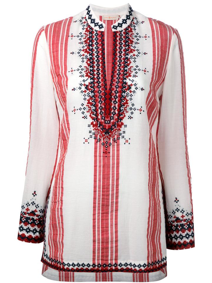 Tory Burch Embroidered Striped Top, Women's, Size: 10, Nude/neutrals, Cotton/acrylic/wool