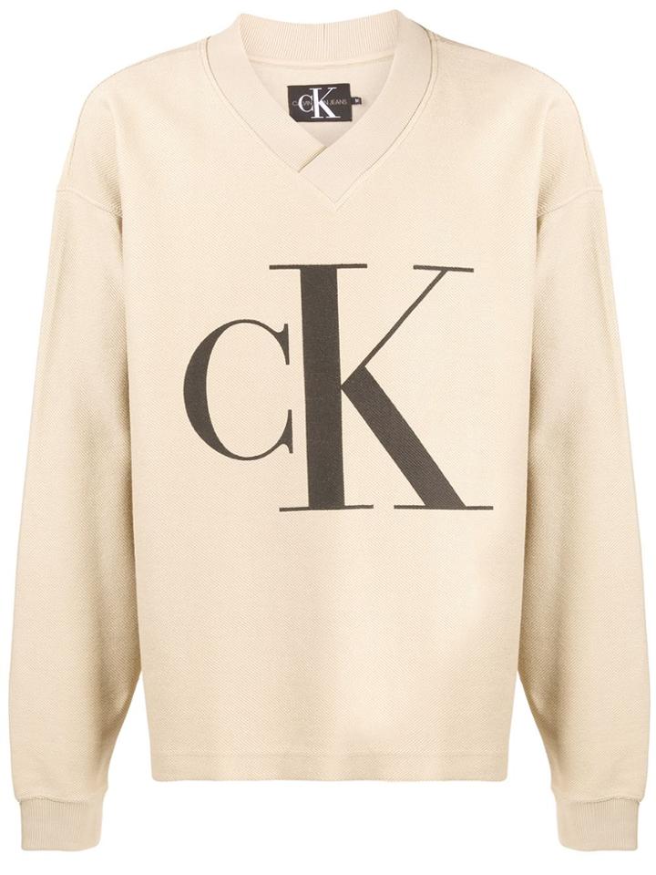 Calvin Klein Jeans Logo Ribbed Trim Sweatshirt - Neutrals