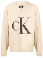 Calvin Klein Jeans Logo Ribbed Trim Sweatshirt - Neutrals