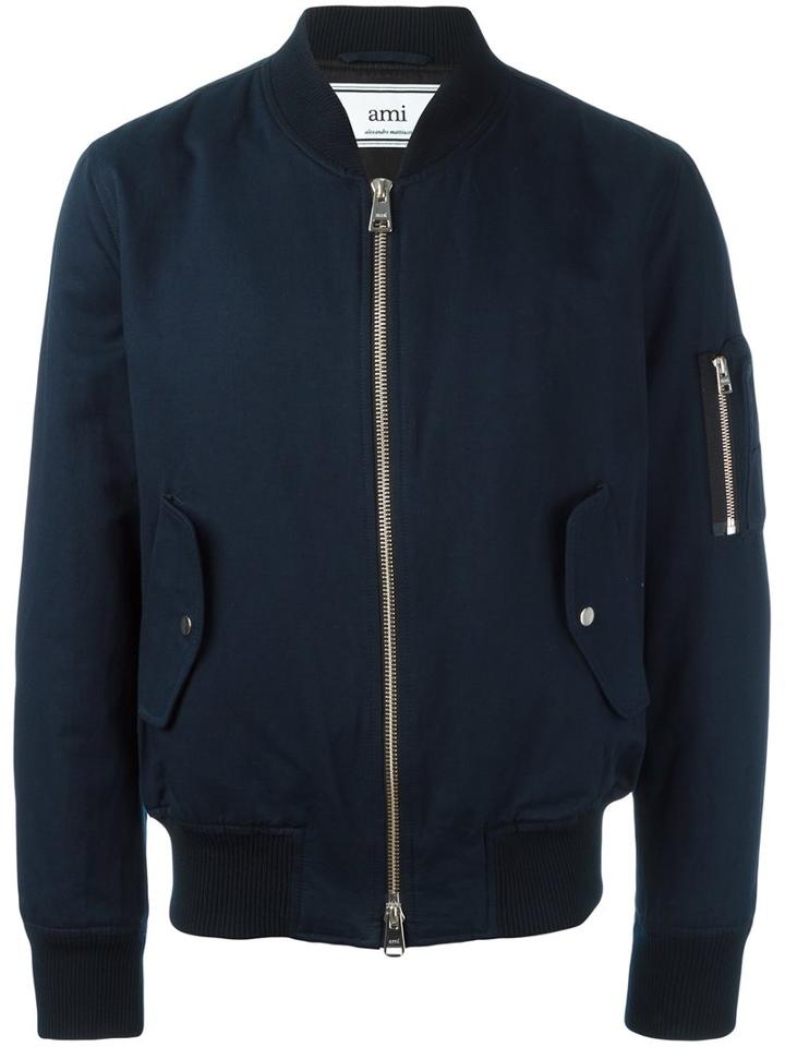 Ami Alexandre Mattiussi Zipped Bomber Jacket, Men's, Size: Medium, Blue, Cotton/linen/flax
