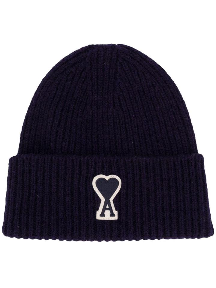 Ami Paris Ribbed Beanie Ami De Coeur Patch - Blue