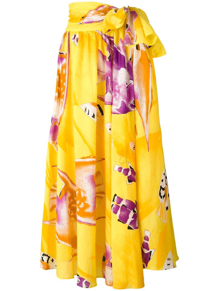 Jean Louis Scherrer Vintage Tie Waist Carp Print Skirt - Yellow &
