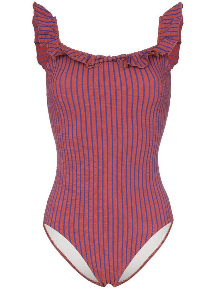 Solid & Striped Off Shoulder Seersucker Swimsuit - Neutrals