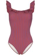 Solid & Striped Off Shoulder Seersucker Swimsuit - Neutrals