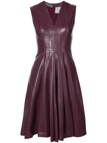 Carolina Herrera - Sleeveless Leather Dress With Gathered Skirt And V Neck - Women - Silk/lamb Skin - 14, Red, Silk/lamb Skin