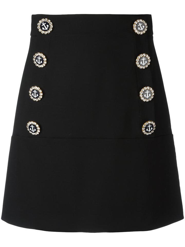 Dolce & Gabbana Nautical Button Skirt, Women's, Size: 42, Black, Virgin Wool/spandex/elastane/silk/polyamide