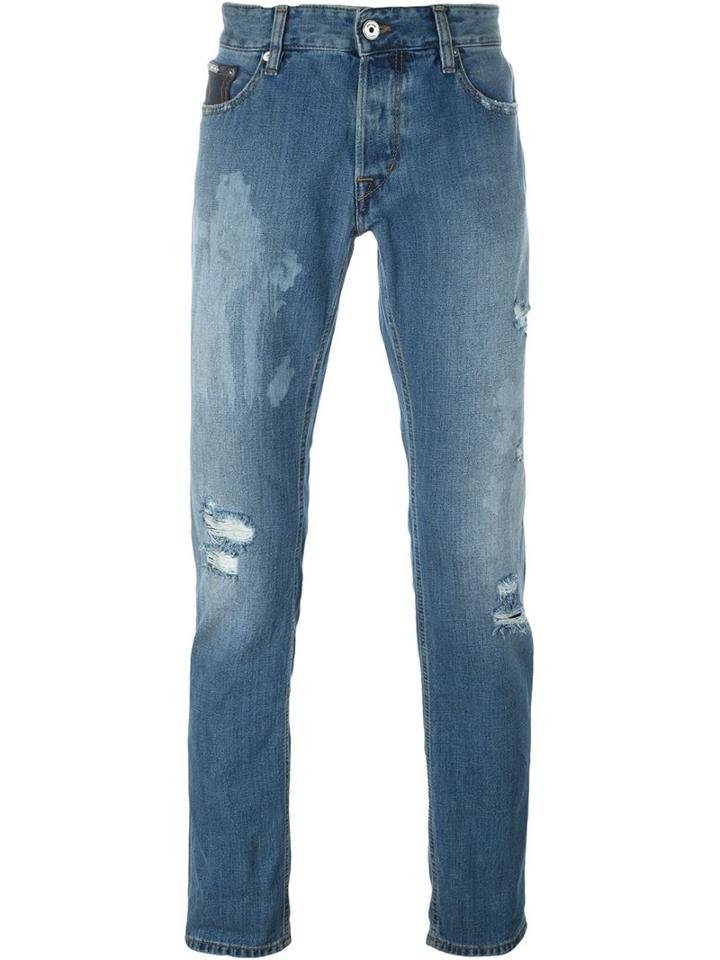 Just Cavalli Distressed Slim-fit Jeans, Men's, Size: 31, Blue, Cotton/polyester/viscose