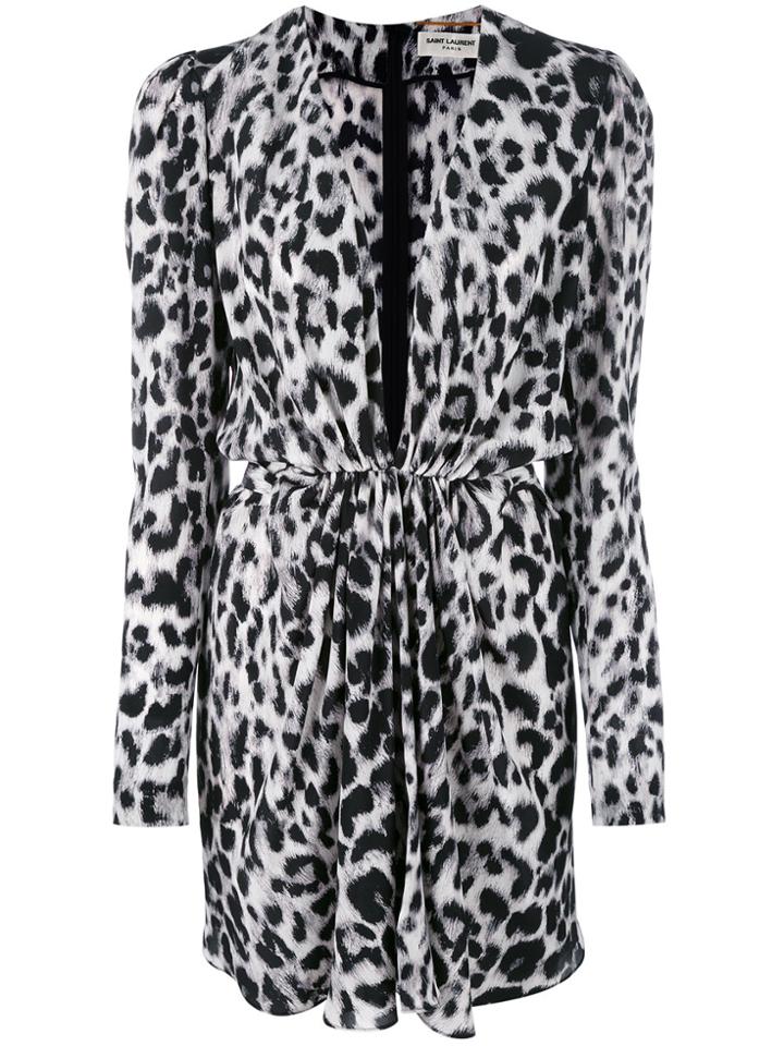 Saint Laurent Leopard Print Plunge Dress - Black