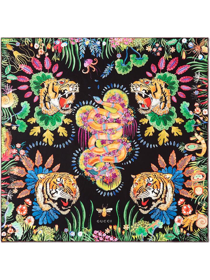 Gucci Tigers And Kingsnake Print Silk Scarf - Black