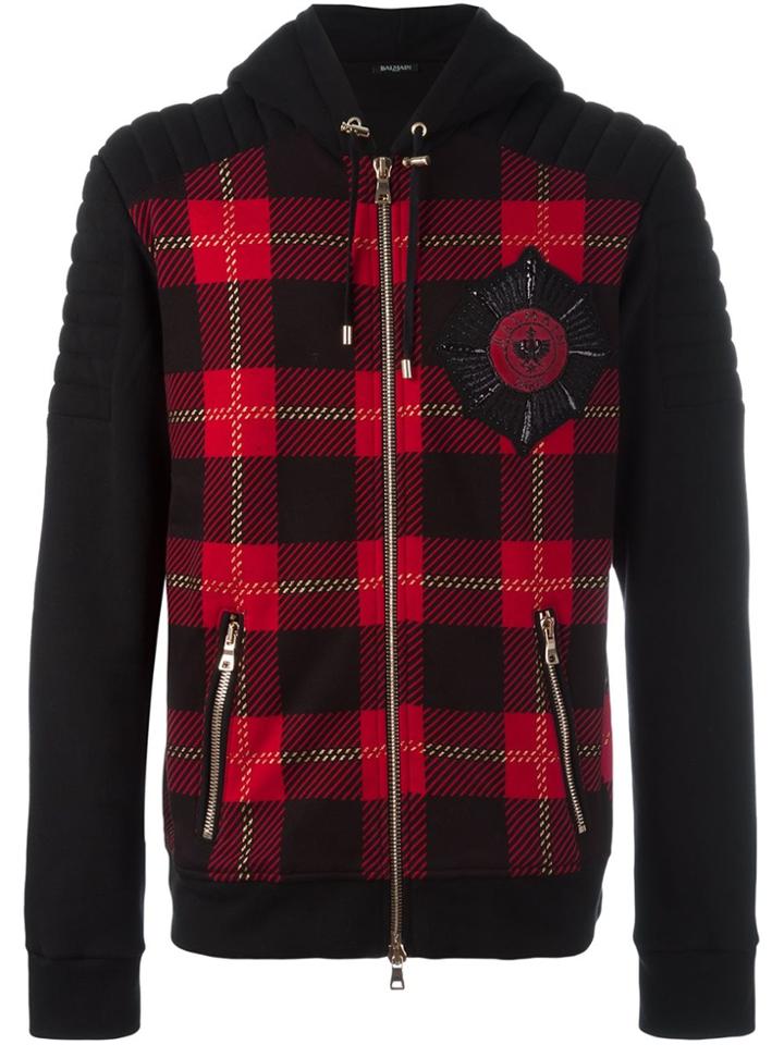 Balmain Biker Tartan Patch Hoodie - Black