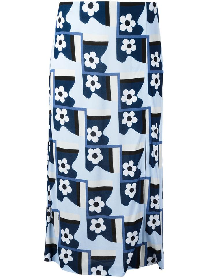 Prada Floral Print Midi Skirt, Women's, Size: 44, Blue, Silk/viscose