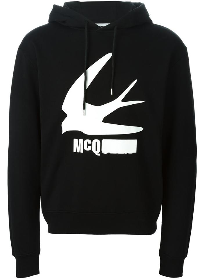 Mcq Alexander Mcqueen Swallow Print Hoodie, Men's, Size: Xl, Black, Cotton/spandex/elastane