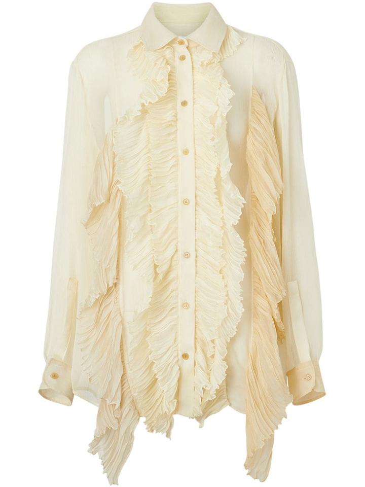 Burberry Ruffle Detail Crepe De Chine Oversized Blouse - Neutrals