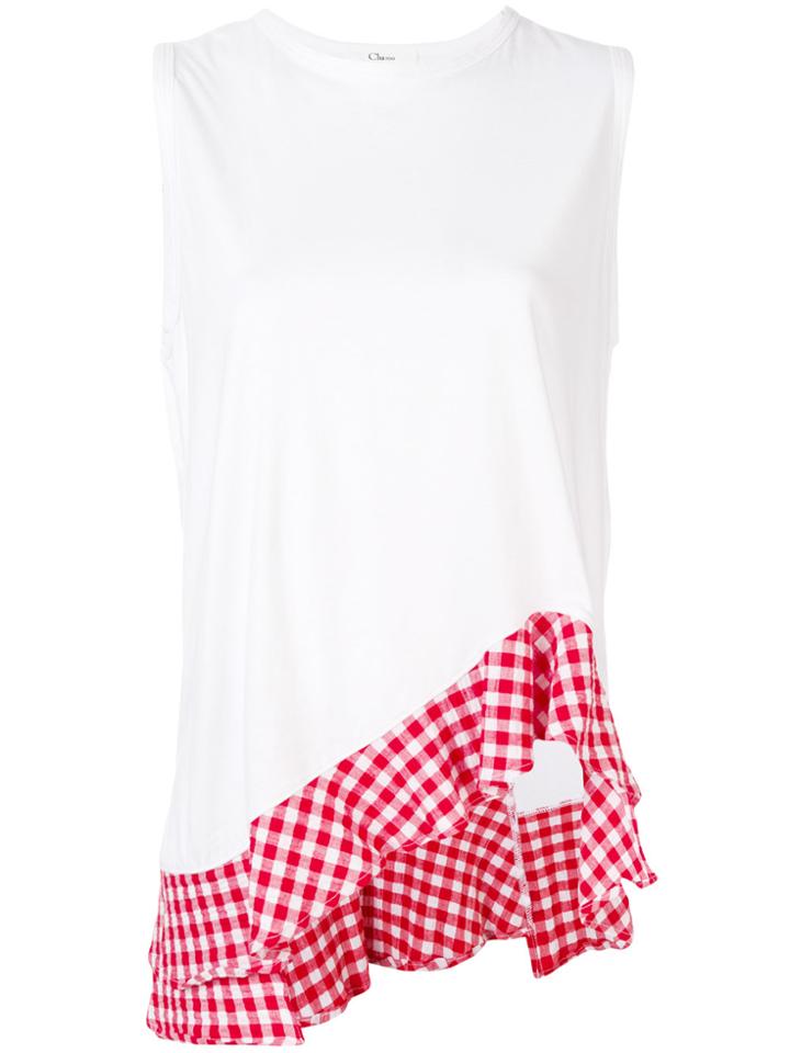Clu Asymmetric Gingham Border Blouse - White