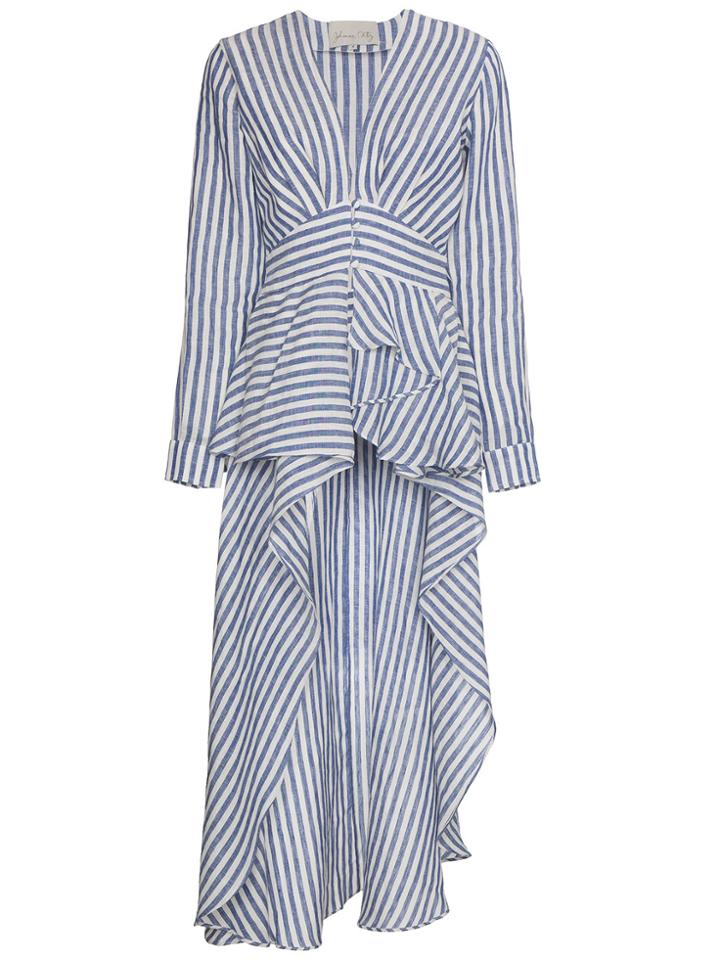 Johanna Ortiz Rio Grande Linen Stripe Maxi Train Top - Blue