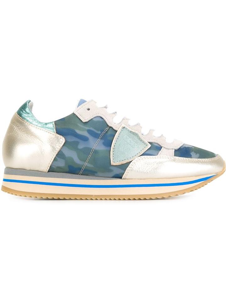 Philippe Model Panelled Retro Sneakers, Women's, Size: 36, Turquoise, Cotton/leather/nylon/rubber