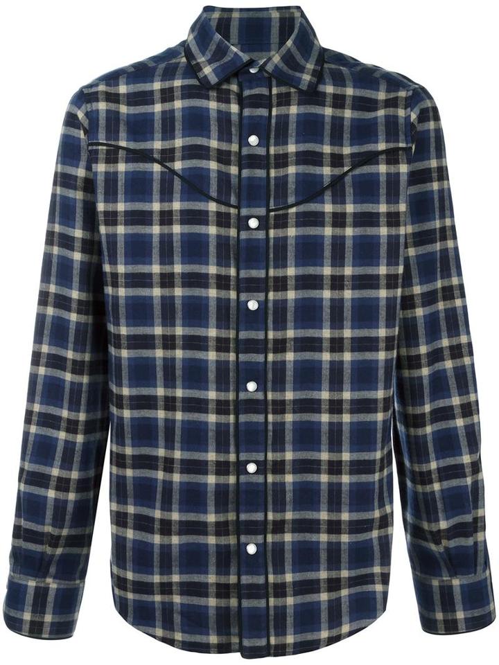 Valentino Checkered Western Shirt, Men's, Size: 40, Blue, Cotton/wool