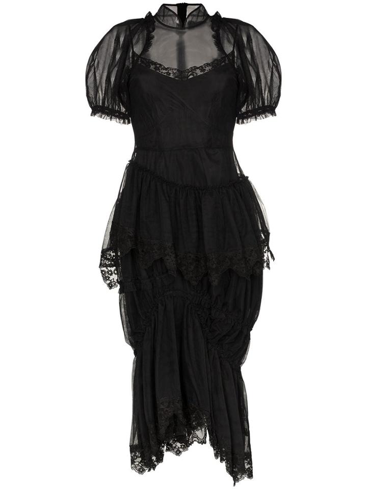 Simone Rocha Sheer Mesh Puffed Sleeve Midi Dress - Black