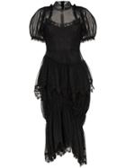 Simone Rocha Sheer Mesh Puffed Sleeve Midi Dress - Black