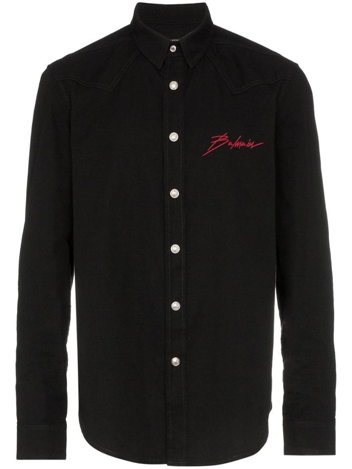 Balmain Logo Embroidered Denim Shirt - Black