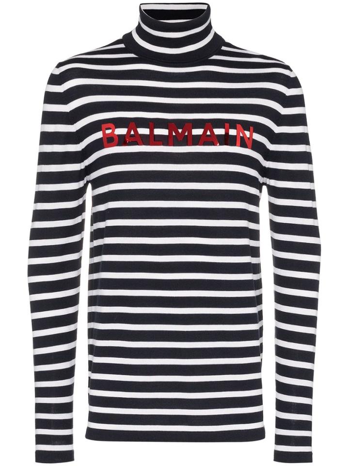 Balmain Striped Logo Printed Jumper - Blue