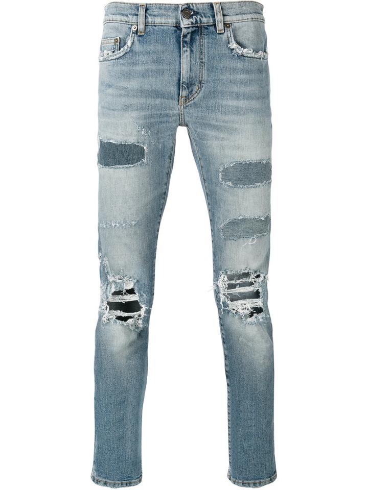 Saint Laurent Distressed Straight-leg Jeans, Men's, Size: 33, Blue, Cotton/polyurethane