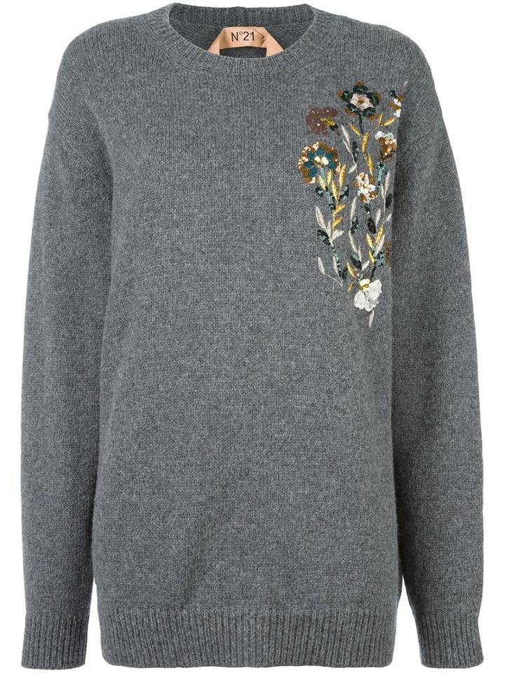 No21 Floral Embroidered Pullover, Women's, Size: 40, Grey, Alpaca/polyamide