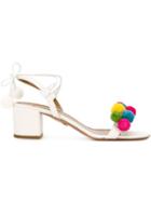 Aquazzura Pom Pom Sandals, Women's, Size: 38.5, White, Leather/cotton/paper