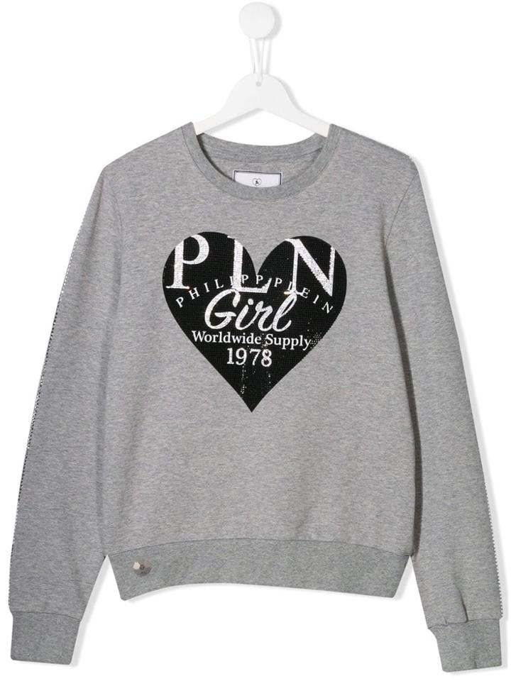 Philipp Plein Junior Teen Crystal Embellished Heart Sweatshirt - Grey