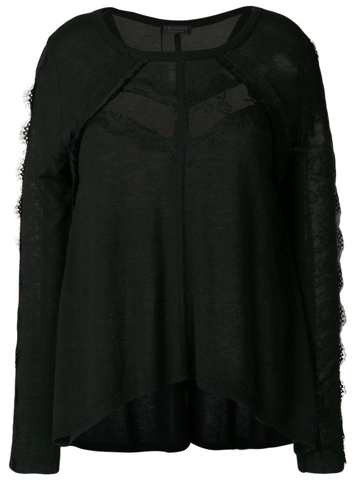 Twin-set - Lace Detail Flared Sweater - Women - Viscose/wool - S, Black, Viscose/wool