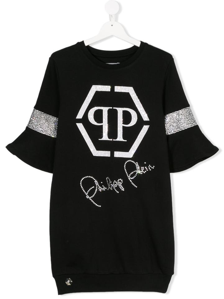 Philipp Plein Junior Teen Logo Embellished Sweatshirt Dress - Black