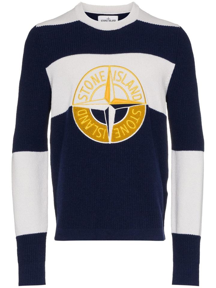 Stone Island Wool Crew Neck Logo Stripe Jumper - Blue