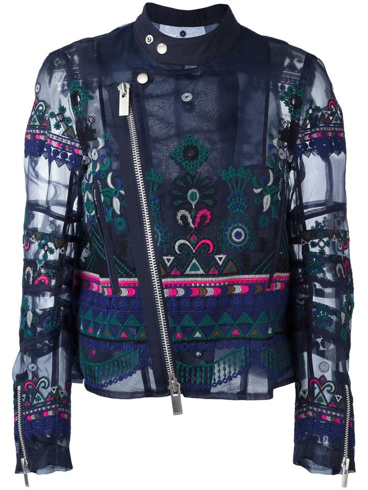 Sacai Tribal Lace Embroidered Biker Jacket, Women's, Size: Ii, Blue, Polyester/cotton