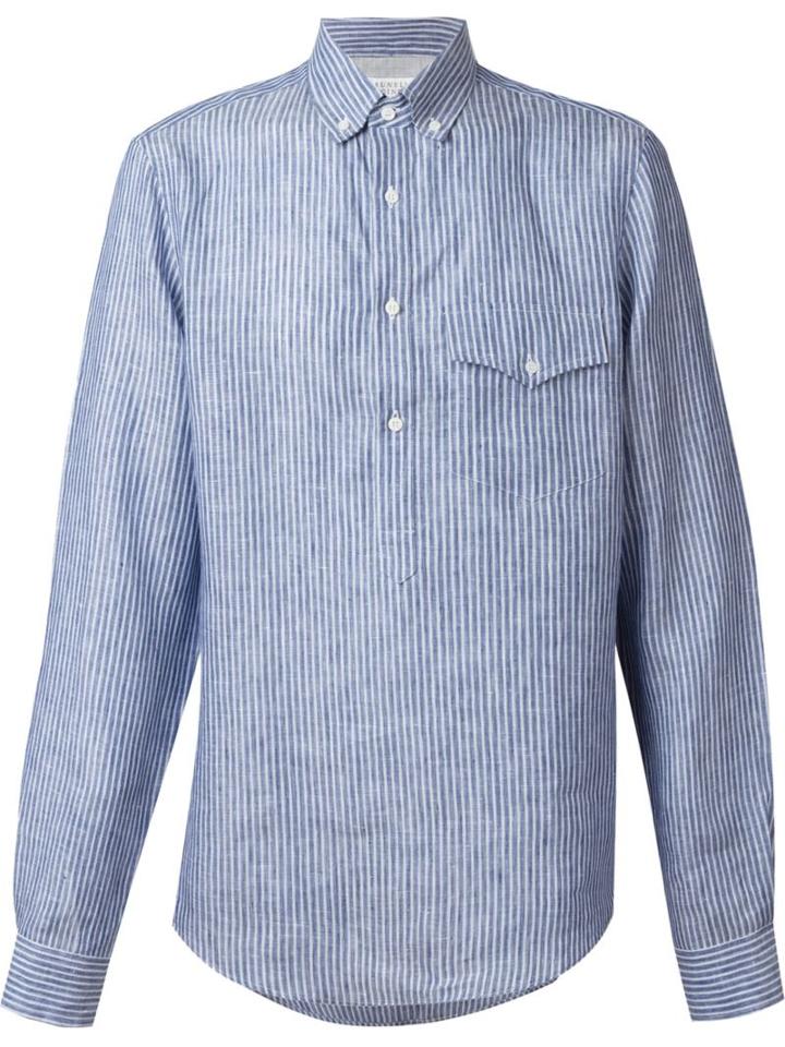 Brunello Cucinelli Striped Button Down Shirt, Men's, Size: Medium, Blue, Linen/flax