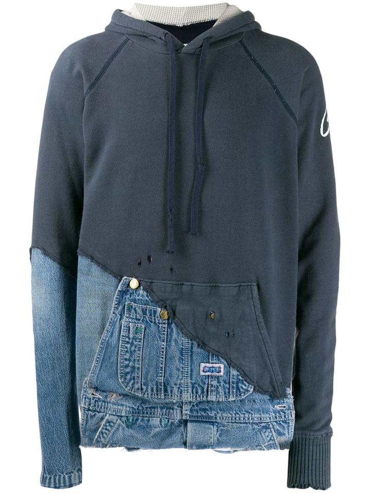 Greg Lauren Fabric And Denim Hooded Jacket - Blue