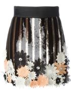 Emanuel Ungaro Flower Appliqué Sequin Skirt, Women's, Size: 40, Black, Polyester/rayon/silk