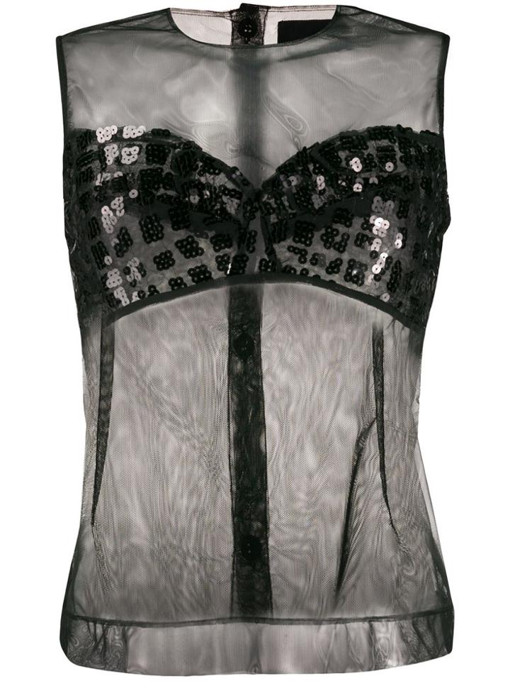 Simone Rocha Sheer Sequin Embroidered Sleeveless Top - Black