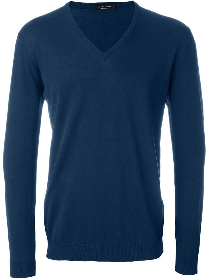 Roberto Collina V-neck Jumper, Men's, Size: 50, Blue, Cotton