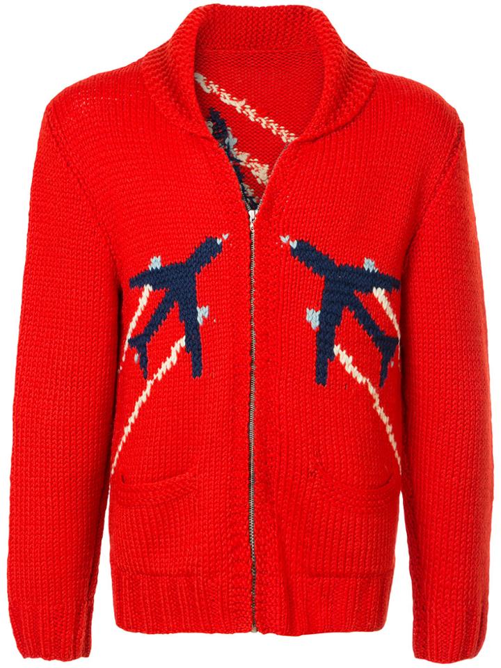 Fake Alpha Vintage 1960s Airplane Intarsia Cardigan - Red