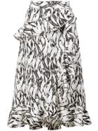 Derek Lam Brushstroke Print Cotton Wrap Ruffle Skirt - Neutrals